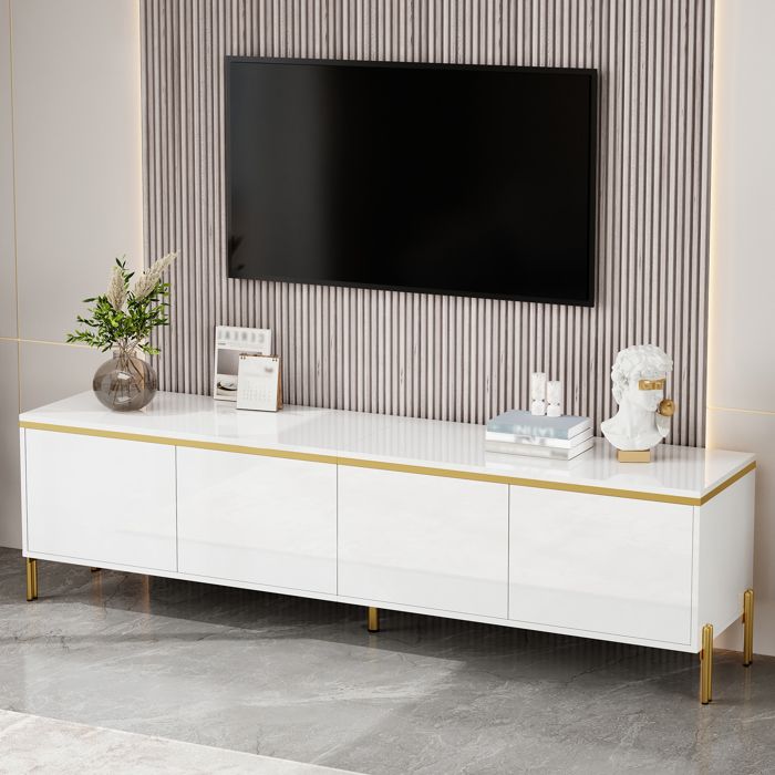 Meuble TV Moderne Blanc Brillant 170 cm avec 4 Portes et Pieds Métal Doré - Design Contemporain