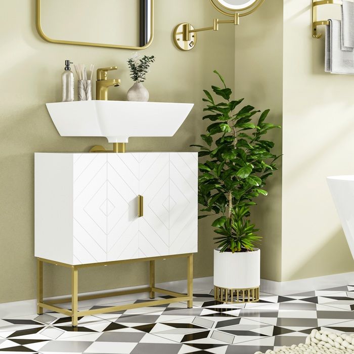 Meuble sous lavabo - AKOZON - 8321 - Blanc et doré - 60x30x65 cm - Découpe en U 19x7 cm