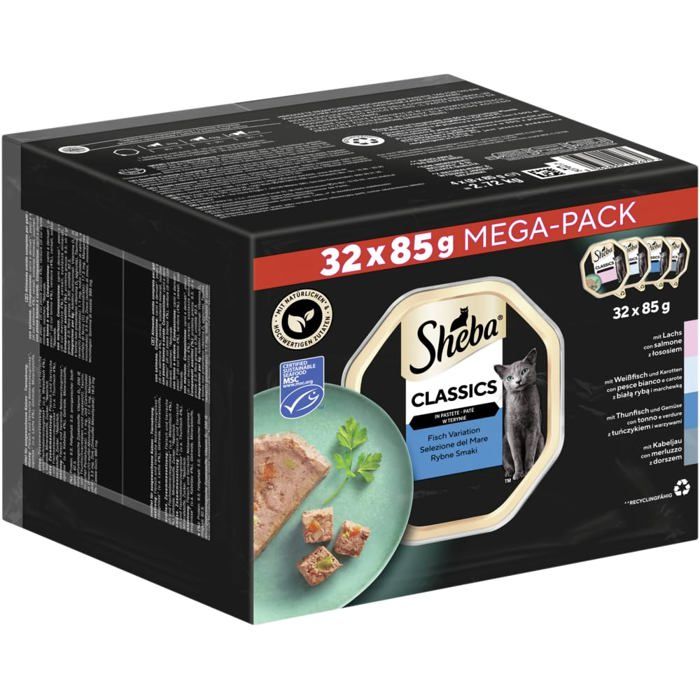 Nourriture humide chat en coquille - SHEBA - Variation Poisson (MSC) - Saumon - Thon - 32x85 g Nourriture humide chat en coquille - SHEBA - Variation Poisson (MSC) - Saumon - Thon - 32x85 g