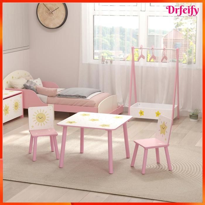 12409 Table enfant avec chaise ensemble table et 2 chaises enfant en bois motifs détoile 60 x 60 x 44 cm rose