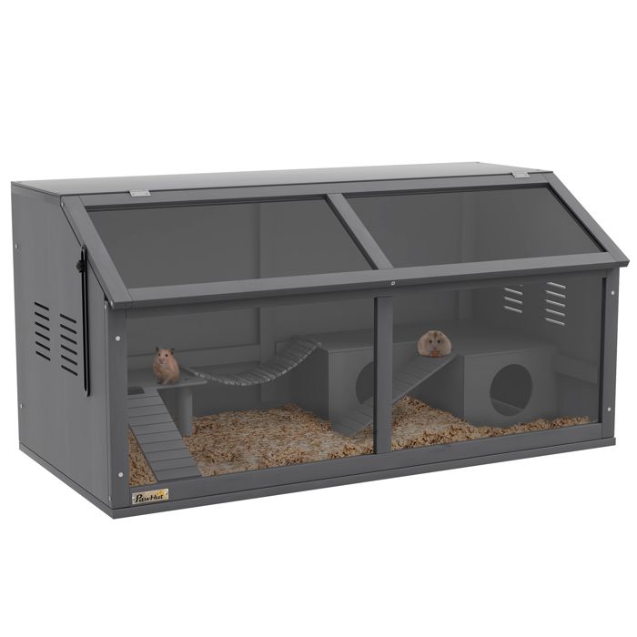 Comparer les prix de Cage à hamster en bois - 100x52x50 cm - Gris foncé - Plateforme avec pont suspendu - Échelles et cabane - Toit ouvrant