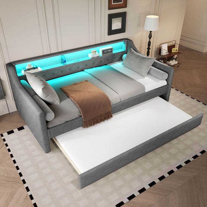 MIVRAY Lit Gigogne 90×200 cm Lit Simple avec LED Réglable USB et Couchage d’Appoint 90×190 cm sans Matelas Gris