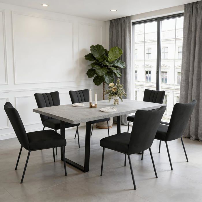JIEXI Ensemble table de salle à manger extensible Table en MDF gris avec 6 chaises rembourrées en velours noir 130-170 cm