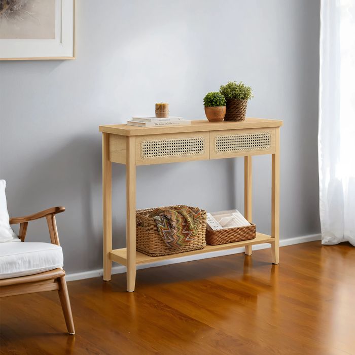 Console d’Entrée avec 2 Tiroirs Étagère Ouverte Coins Arrondis Style Bohème Beige Chêne Console d’Entrée avec 2 Tiroirs Étagère Ouverte Coins Arrondis Style Bohème Beige Chêne