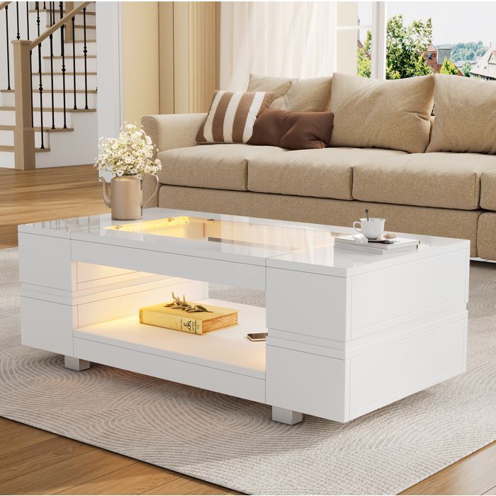 Table basse LED blanche brillante avec plateau en verre et rangement