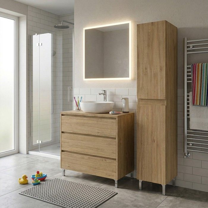 Ensemble meuble vasque à poser L.80cm + 1 colonne sur pied 3 tiroirs Chêne naturel LISBONA Ensemble meuble vasque à poser L.80cm + 1 colonne sur pied 3 tiroirs Chêne naturel LISBONA