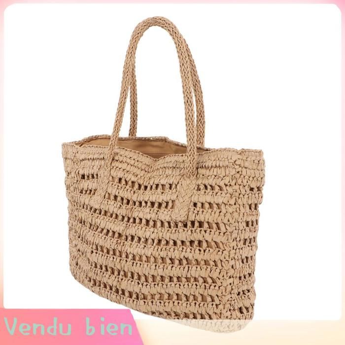 Garosa Sac de paille Grand sac en paille tissé Vintage évider Double poignée fermeture éclair poche puericulture siege Brun