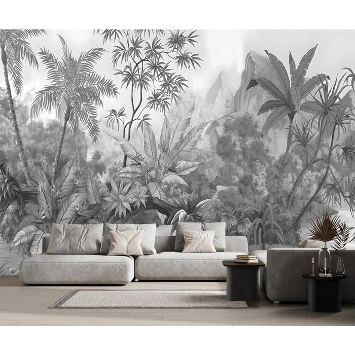 Papier Peint Elégant Tropiques 410x280cm Jungle style en noir et blanc ...