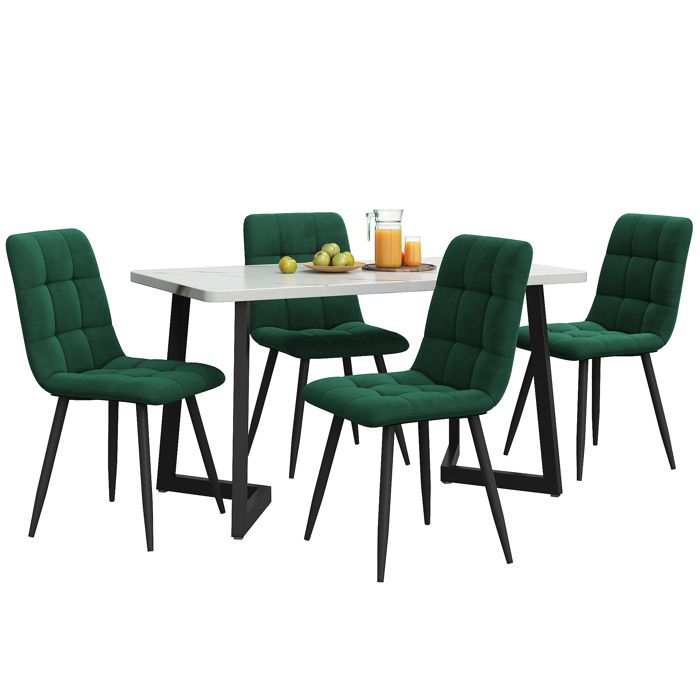 Table de cuisine moderne 117 cm avec 4 chaises en velours vert foncé et pieds de table noirs