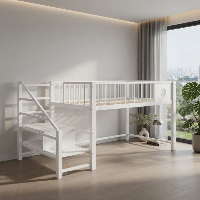 Lit mezzanine bas 90x200 cm échelle rangement cadre métallique robuste enfants adolescents blanc -Pugsdrly