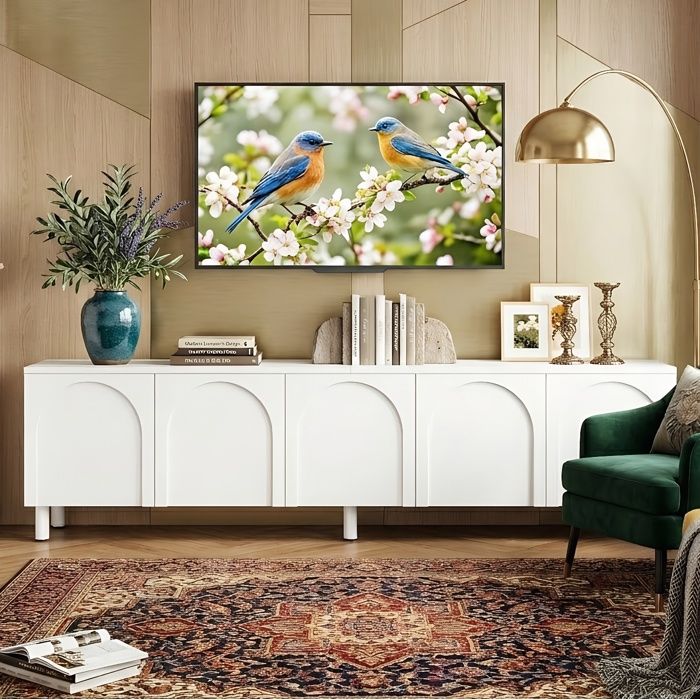 Meuble TV 180cm - Portes En Arc Design - 5 Grands Compartiments - Trous Passages Câbles - MDF Blanc