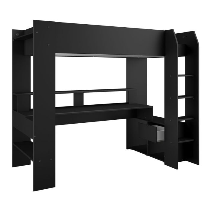 Lit surélevé 90x200 noir avec étagères et bureau gaming + leds - PLAYIT Lit surélevé 90x200 noir avec étagères et bureau gaming + leds - PLAYIT