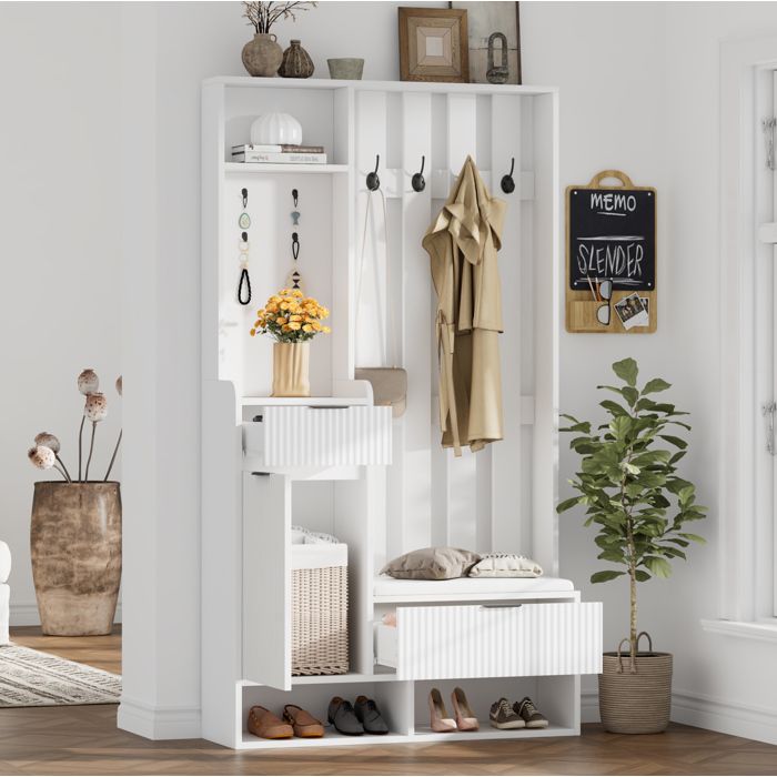 WOVREO Vestiaire dentrée 100 x 30 x 180 cm avec banc à chaussures 8 crochets 2 tiroirs 1 placard blanc