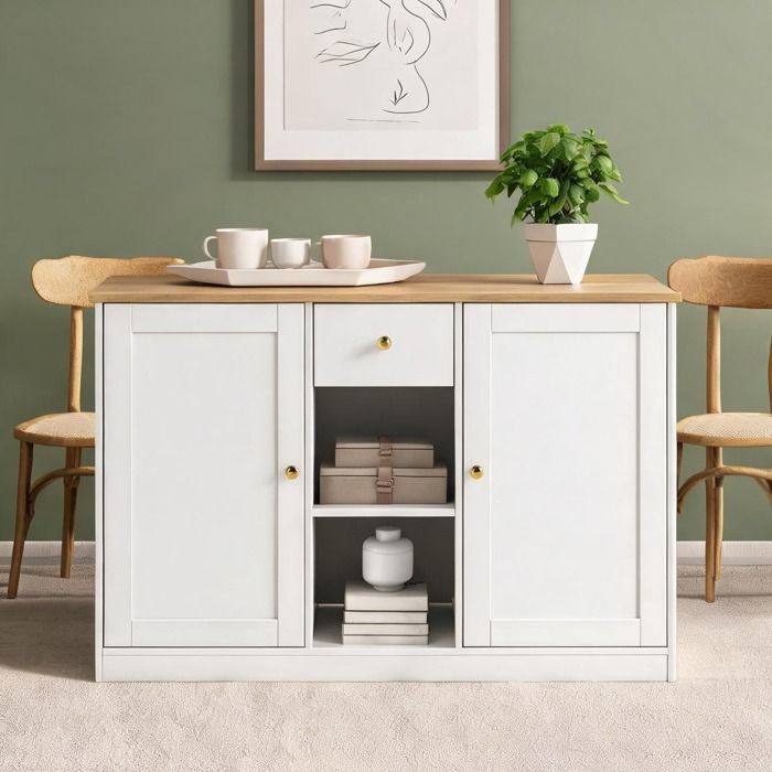 Buffet de rangement 120 cm 1 tiroir 2 portes 2 niches ouvertes blanc épuré et bois style Shaker