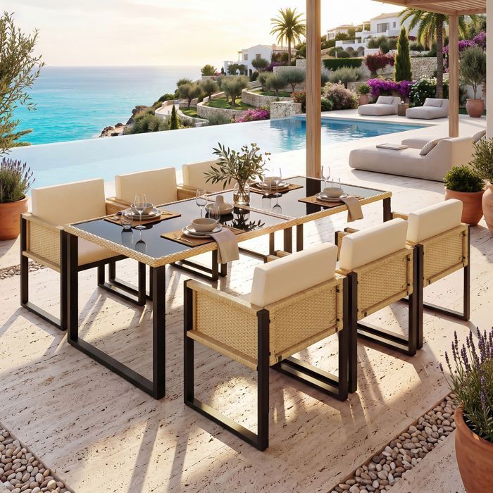 Ensemble repas jardin 6 places - Memkey - Noir/marron - Résine tressée table verre coussins