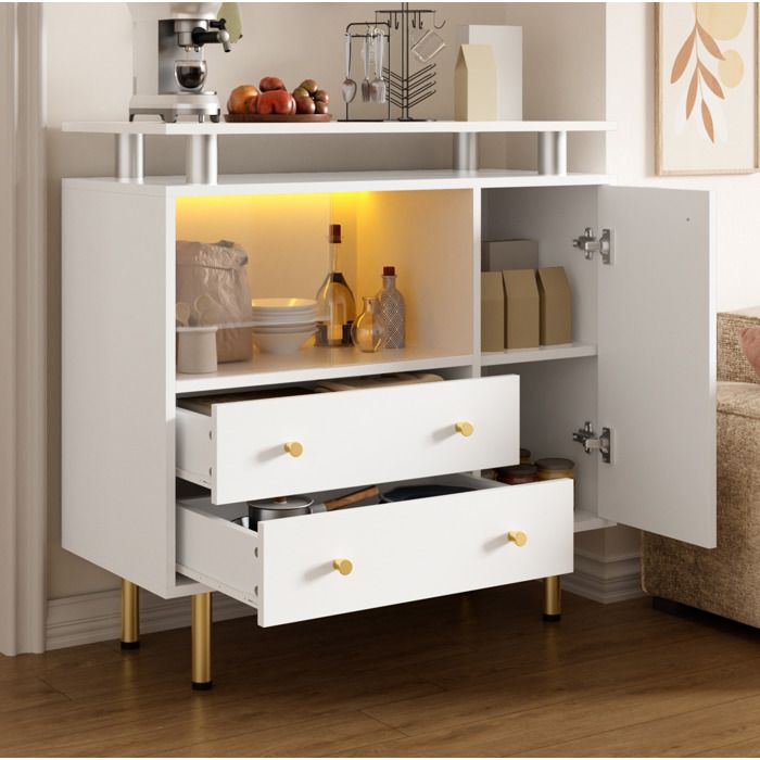 Buffet bas LED blanc 80 x 35 x 80 cm avec 2 portes coulissantes en verre 1 porte 2 tiroirs métal ORVRYN