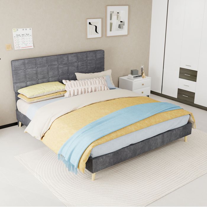 Lit 2 Places 160x200cm Gris Fonce Cadre Moderne FloraGrace Pour Chambre Matelas Et Sommier Inclus 200x160x133cm