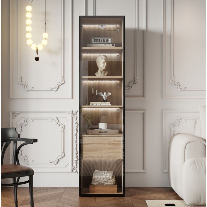Armoire de Salle de Bain avec 1 Porte Vitree 1 Grand Tiroir et 4 Niches Eclairage Integre en MDF 40×34 5×165 cm