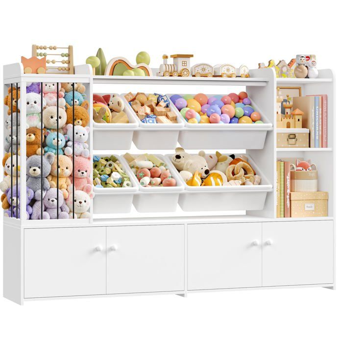 FOREHILL Meuble Rangement Enfant Bibliothèque Enfant 137 3x28x94cm Blanc Rangement de peluches 6 boîtes amovibles Rangement jo