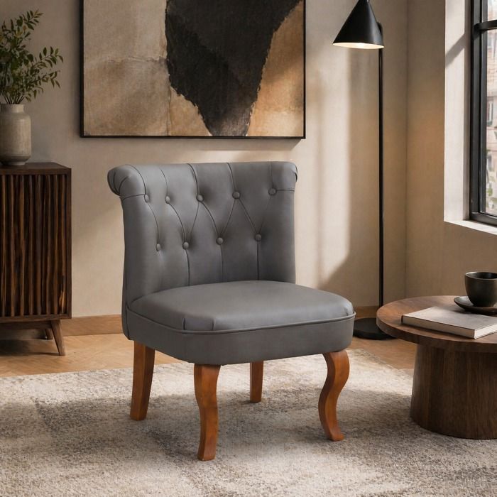 Fauteuil lounge 1 place dossier capitonné charge 150 kg - LPOSPI - pieds en bois massif d’hévéa cuir véritable gris