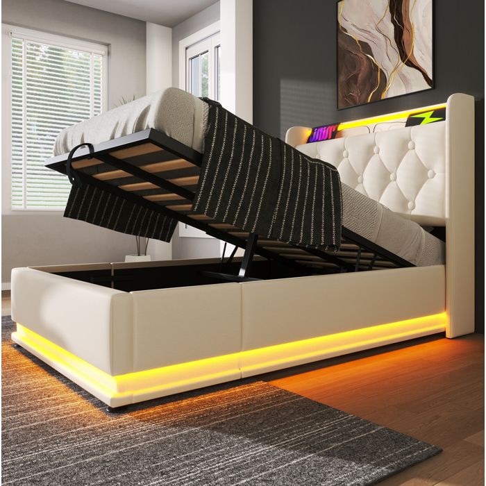 Lit coffre 1 place – Blanc – PU – LED 360° – USB Type-C – 90 x 200 cm
