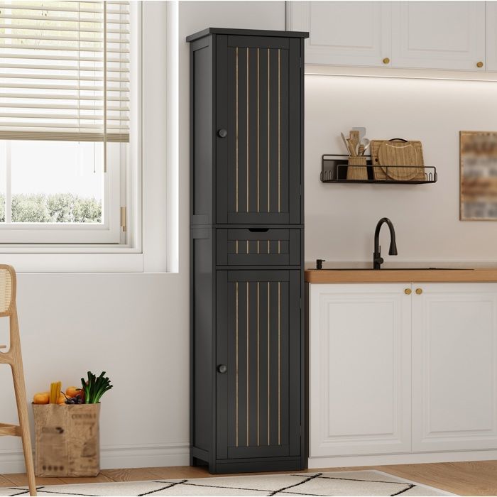 Meuble Colonne De Cuisine 2 Portes 1 Tiroir Et 4 Étagères Réglables - HAVRYA - Rétro Noir 170×40×30 cm