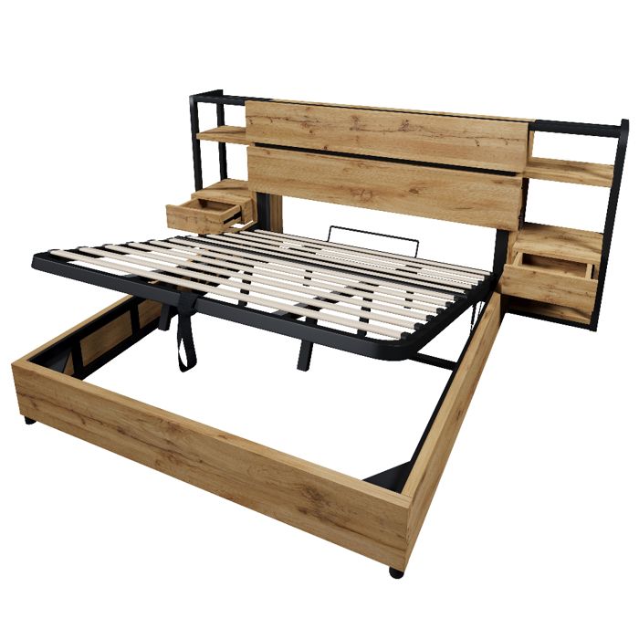 Lit double 180x200 cm en bois avec rangement hydraulique tête de lit à tiroirs USB et Type-C sommier à lattes chêne