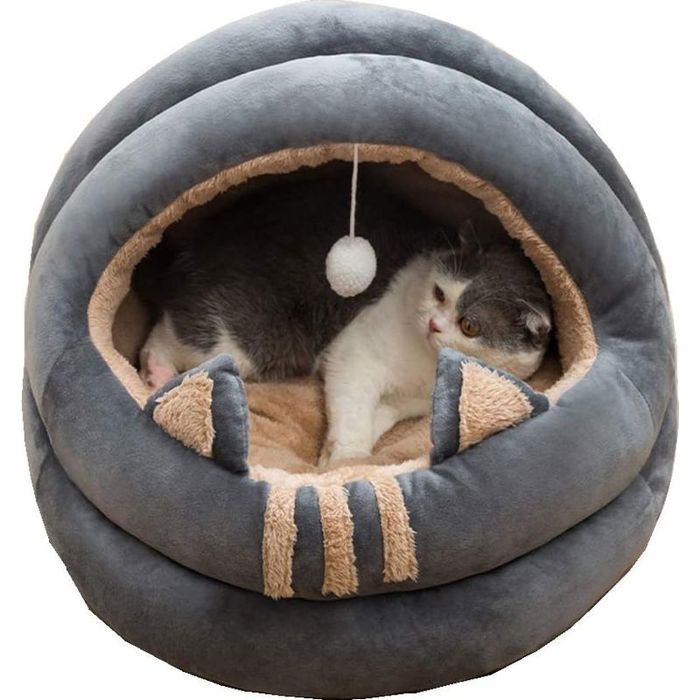 Niche et igloo pour chat 35 cm – Lit doux en peluche et coton PP – Design semi-fermé – Antidérapant et lavable en machine – Kueati