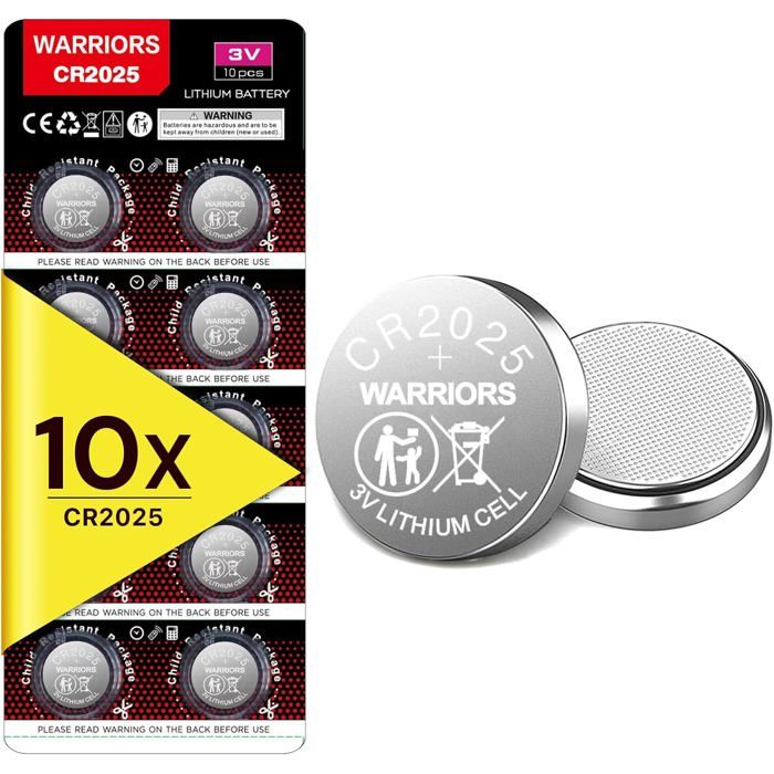 10X Pile CR2025 3V Lithium Bouton Emballage sécurité enfant. Pour clés balances calculatrices télécommandes montres et petits