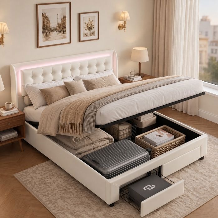 Lit coffre hydraulique 140x190cm avec sommier Lit avec 2 tiroirs Tête de lit avec LED d’ambiance Cadre de lit 2 personnes Beige