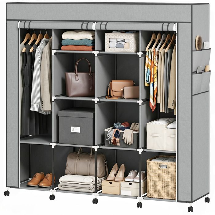 Montage facile : armoire penderie en tissu avec 10 compartiments et barres de suspension