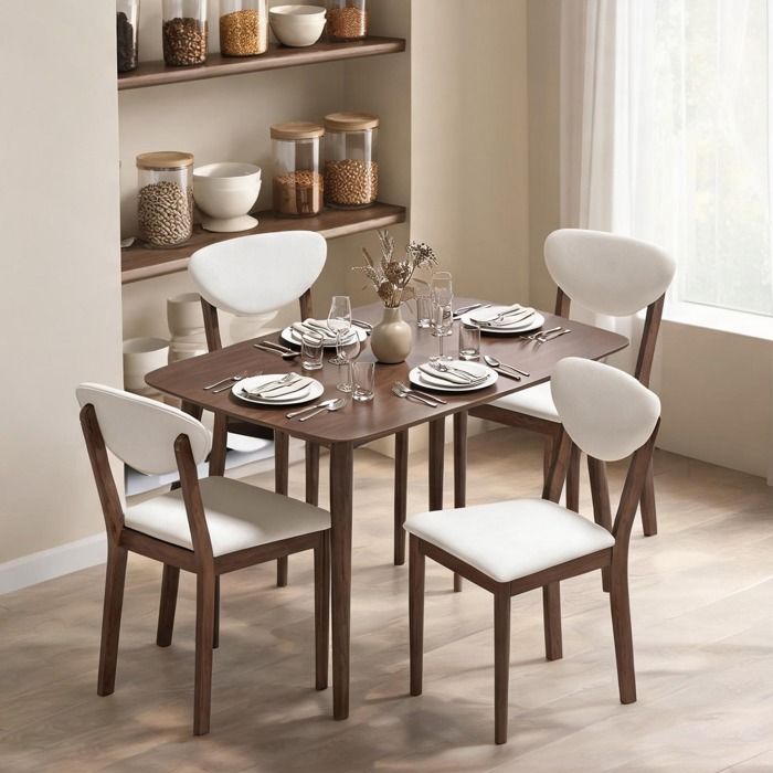Set de table à manger 4 personnes table MDF finition noyer et chaises en hévéa crème style moderne milieu de siècle compact