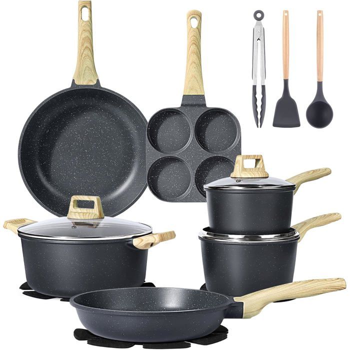 Batterie Cuisine 17 Pièces Antiadhésive Tous Feux Poêles Et Casseroles En Granit Sans PFAS/PFOA/PTFE Induction