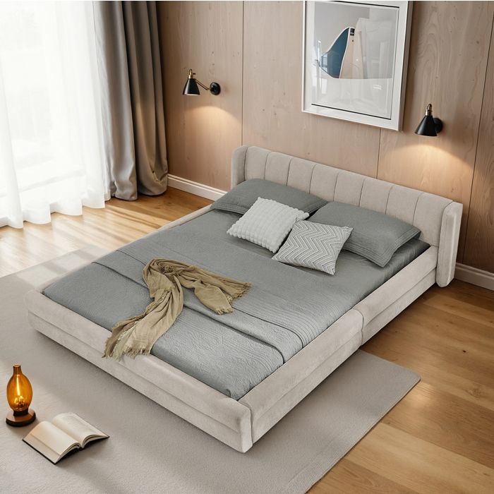 Lit double 160x200 cm sommier tapissé chenille beige tête de lit confortable structure eucalyptus et fer sans matelas VEVXYN