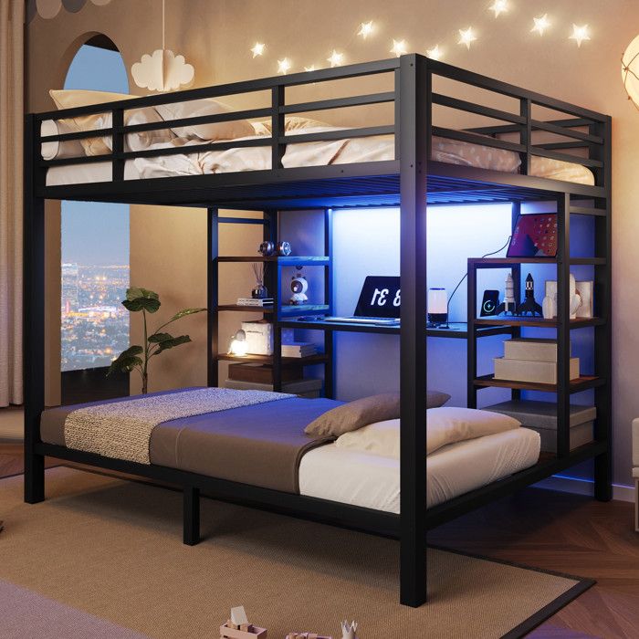 Lit Superposé 140x200 / 90x200cm - Lit Familial en Métal avec Bureau Étagères LED RGB & Prises USB/Secteur - Noir