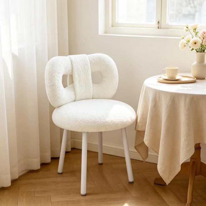 Chleby Fauteuil Coiffeuse avec dossier à nœud papillonRembourréesen Tissu TeddyChaise ScandinaveBlanc crème45x45x 67 cm