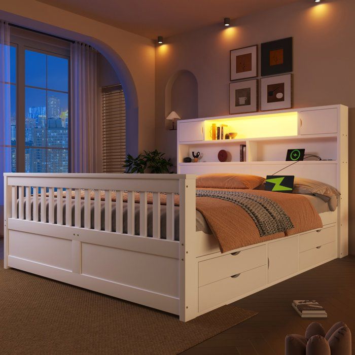 Lit coffre 160x200 blanc avec rangements LED USB et 4 tiroirs