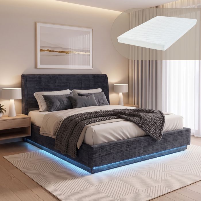 Lit double capitonné Tröstiar avec éclairage LED et matelas 160 x 200 cm bleu Lit double capitonné Tröstiar avec éclairage LED et matelas 160 x 200 cm bleu