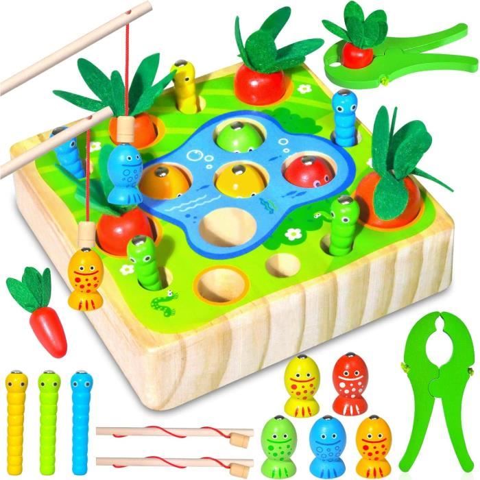 Jeu De Pêche Magnétique En Bois - Pour Enfants 1-2 Ans - Avec Canne Et Poissons - Apprentissage Couleurs