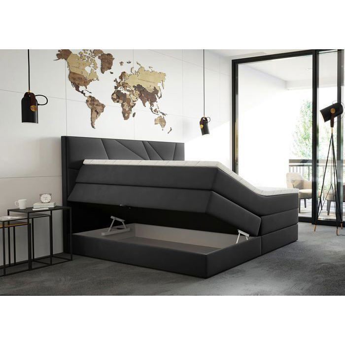 Lit adulte 180x200 cm VERDELUX - avec rangement matelas ressorts ensachés et surmatelas - tissu velours - gris foncé Lit adulte 180x200 cm VERDELUX - avec rangement matelas ressorts ensachés et surmatelas - tissu velours - gris foncé