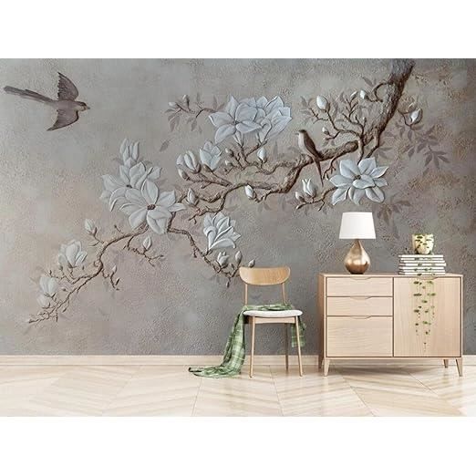 Papier Peint Panoramique Branche En Relief Fleurs Et Oiseaux Papier ...