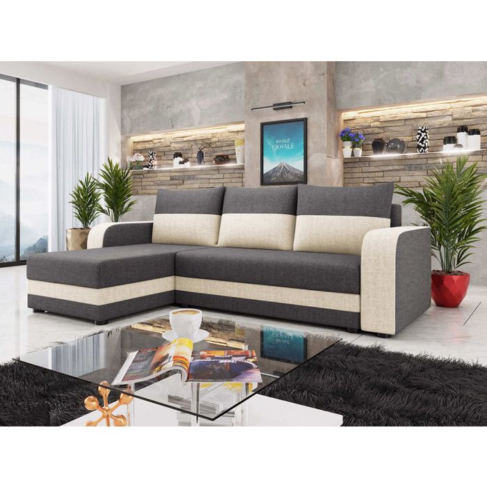 Harvey - Canapé dangle réversible 4 places convertible avec coffre en tissu bicolore - Gris / Beige