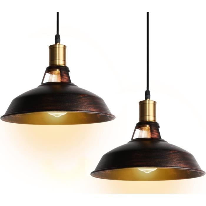 Lot De 3 Suspensions Plafonnier Industrielles - Laiton Patiné Vintage - Ampoule E14 Incluse