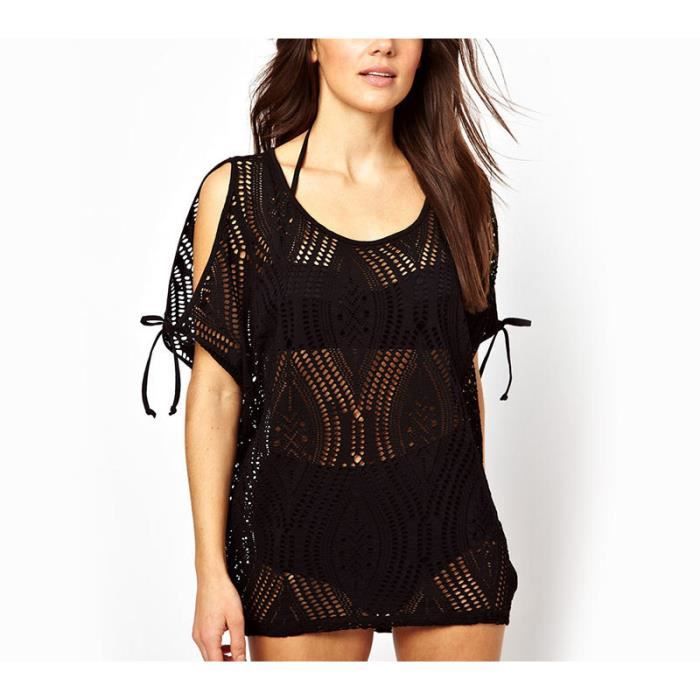 Noir Tunique Paréo Mini Robe De Plage Courte à Crochet Caftan Tunique Sexy Col Rond Cover Up Bikini Dété Taille Unique
