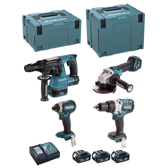 MAKITA Kit DLX4104TJ1 DHP481 + DHR243 + DTD153 + DGA513 + 3 x 5 0 Ah + DC18RC + MAKPAC 3 + MAKPAC 4