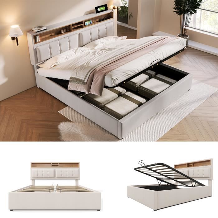 Lit coffre - MODERNLUXE - 140x200cm - Tête de lit réglable - Port USB - Tissu en lin beige Lit coffre - MODERNLUXE - 140x200cm - Tête de lit réglable - Port USB - Tissu en lin beige
