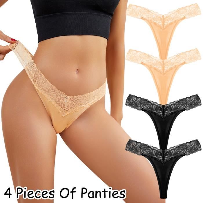 Lot de 4 String Coton Femme Sexy Coton Tanga Dentelle Invisible