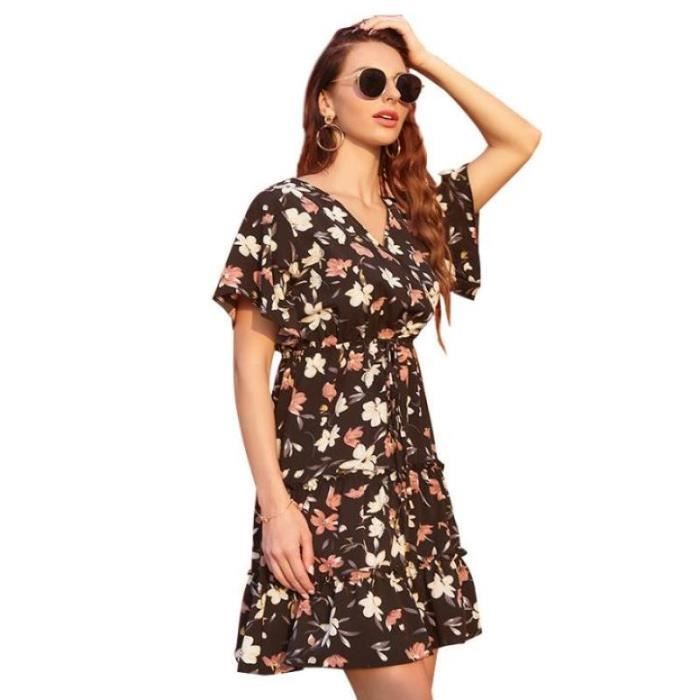 Robe Noire Fleurie Neuve Taille 12 Manches évasées - Viscose été Avec Ruban, Marque George