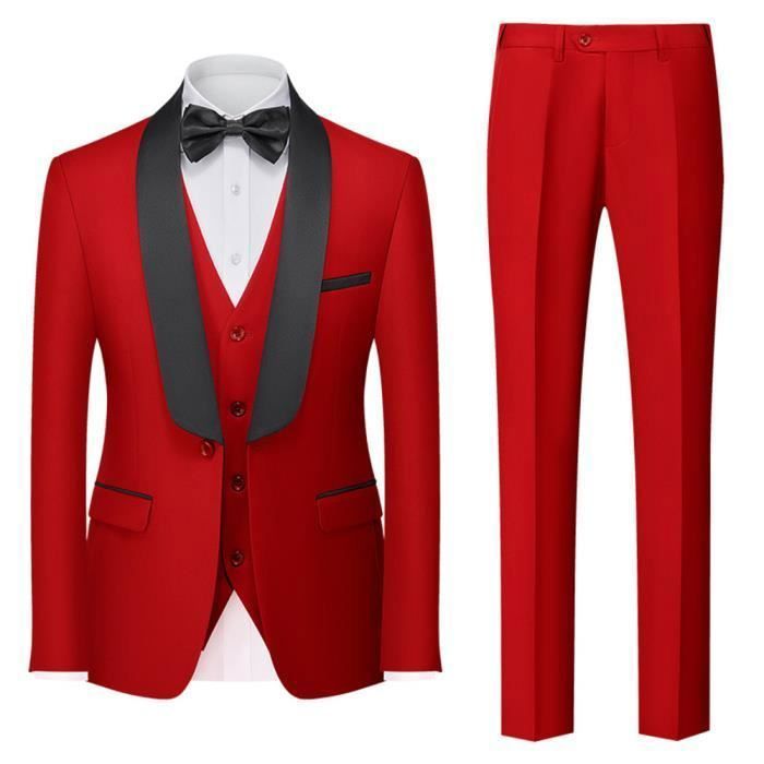 Costume Homme uni Pièces de slim Fête Soirée Mariage Business Fit Grande  VêTements Masculin WXB229 Rouge - Main Image