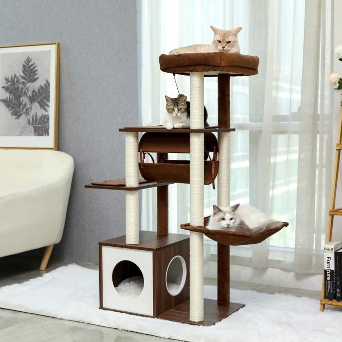 Arbre à chat en bois marron deluxe centre d'activité tunnel suspendu multi-plateforme 130cm